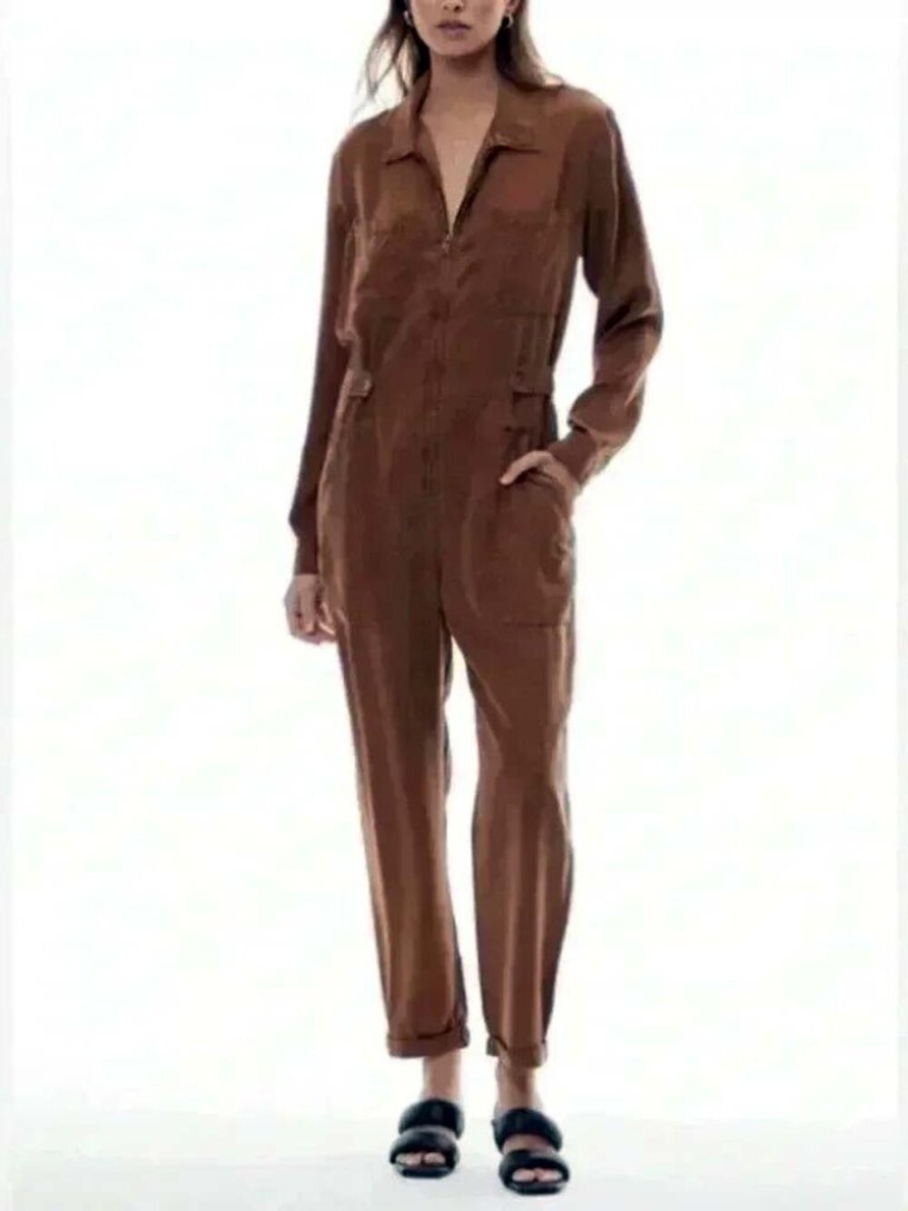 YFB Chocolate Brown Long Sleeve Utility Jumpsuit Flight Suit S
